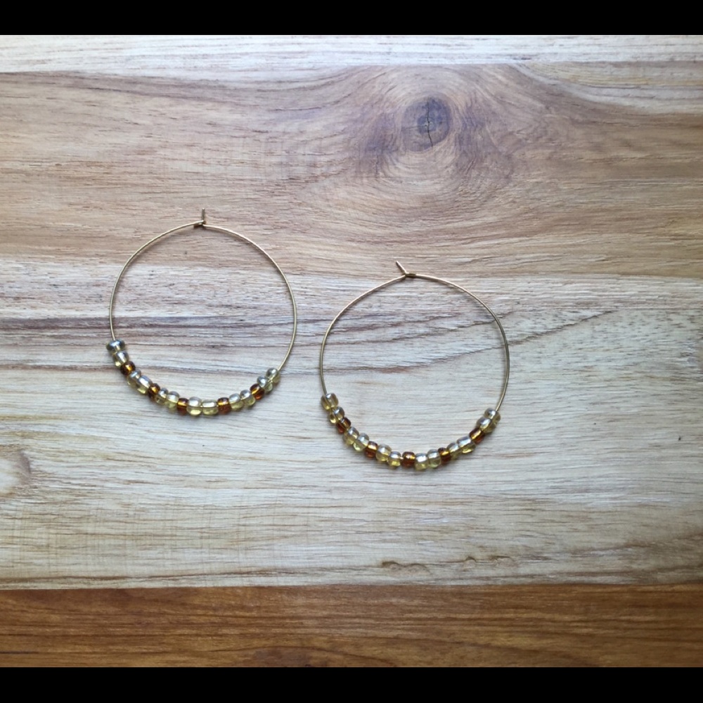 Gold Beaded Hoop Earrings w/ Bronzy & Amber Beads